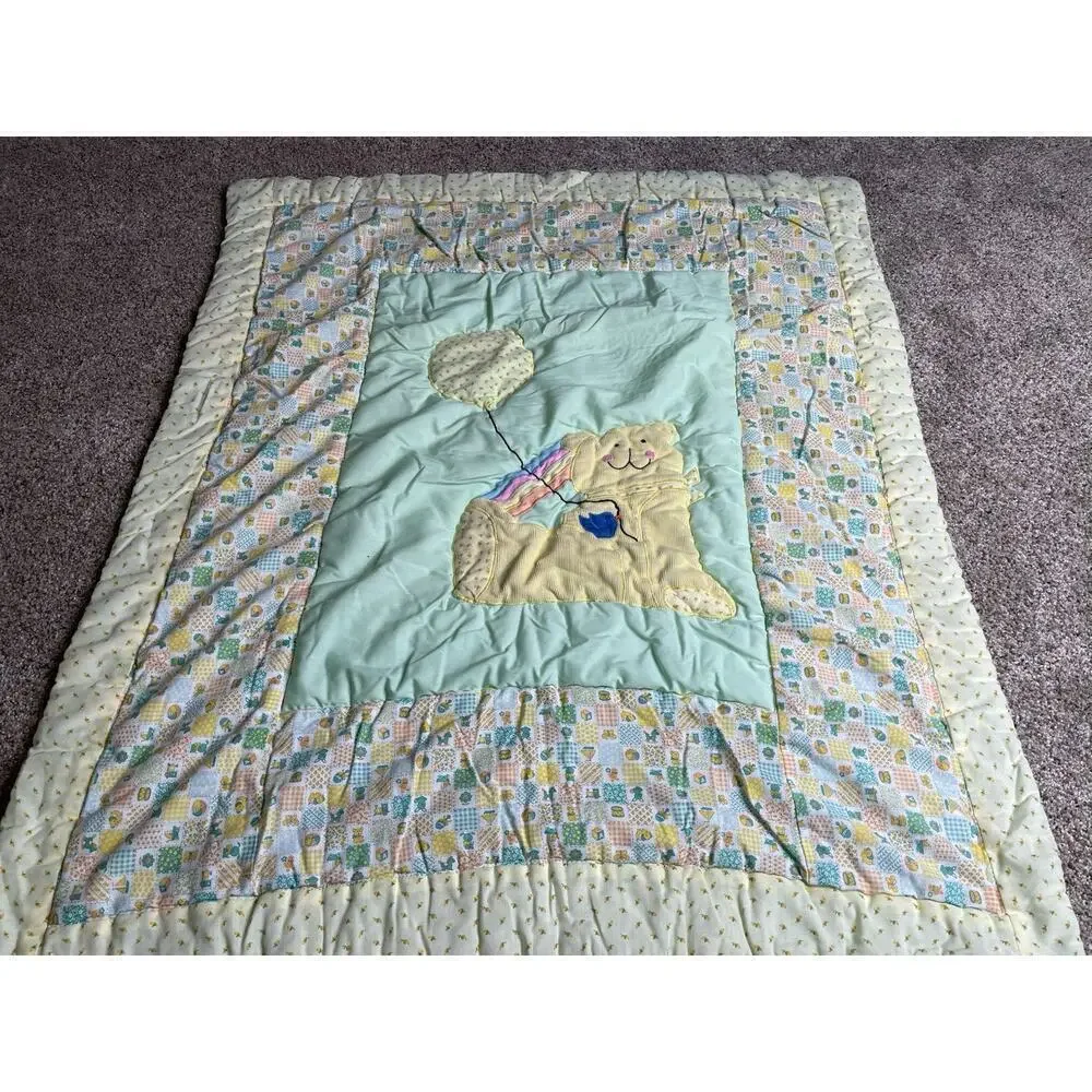 Vintage Corduroy Teddy Bear Balloons Baby Quilt Blanket Nursery Pastel 37 X 32in